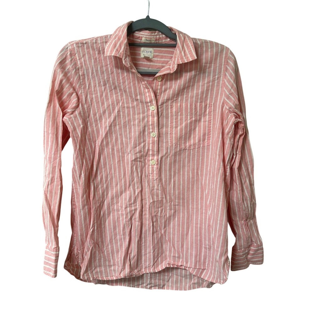 J.Crew Boy Fit Pink White Striped Cotton Linen Popover Shirt G2323 Womens S